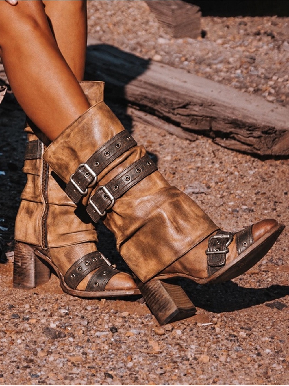 Freebird by Steven Distressed Brown Leather Buckle Heeled Boots